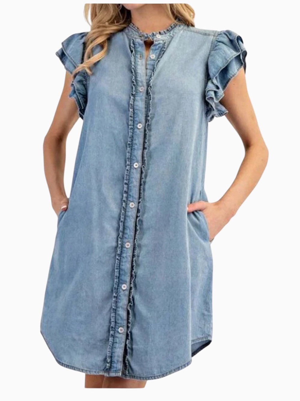 EEsome Blue Chambray Denim Mini Dress Button-up Ruffled Sleeves Western Coastal